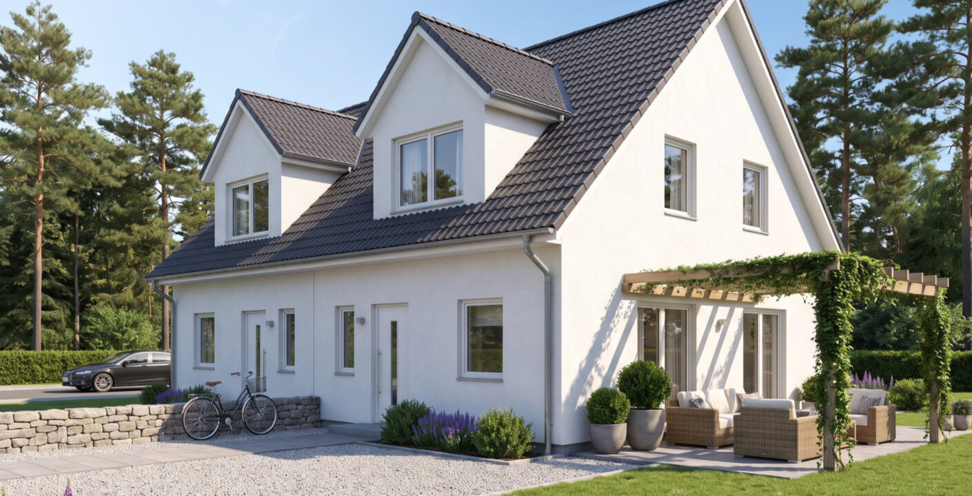 Modernes Einfamilienhaus mit Satteldach von Gerhäuser Bau, Massivbau-Experte für hochwertigen Hausbau in Mittelfranken mit großzügiger Terrasse und gepflegtem Garten.