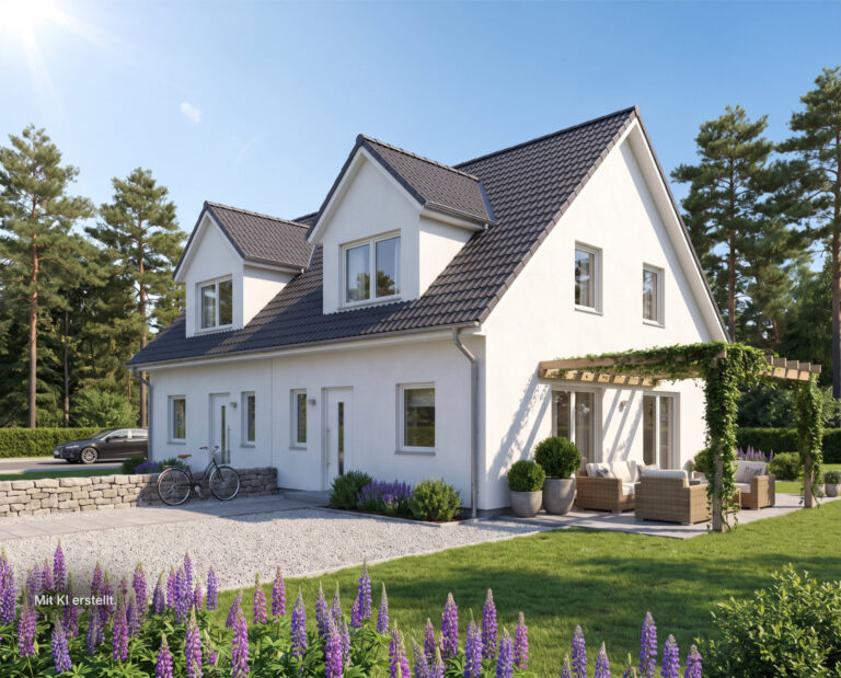 Modernes Einfamilienhaus mit Satteldach von Gerhäuser Bau, Massivbau-Experte für hochwertigen Hausbau in Mittelfranken mit großzügiger Terrasse und gepflegtem Garten.