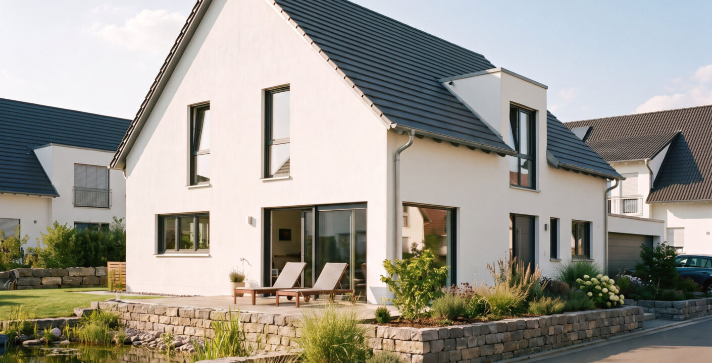 Modernes Einfamilienhaus von Gerhäuser Bau - Baufirma für Massivbau in Franken mit eleganter weißer Fassade, dunklem Dach und gepflegtem Garten.