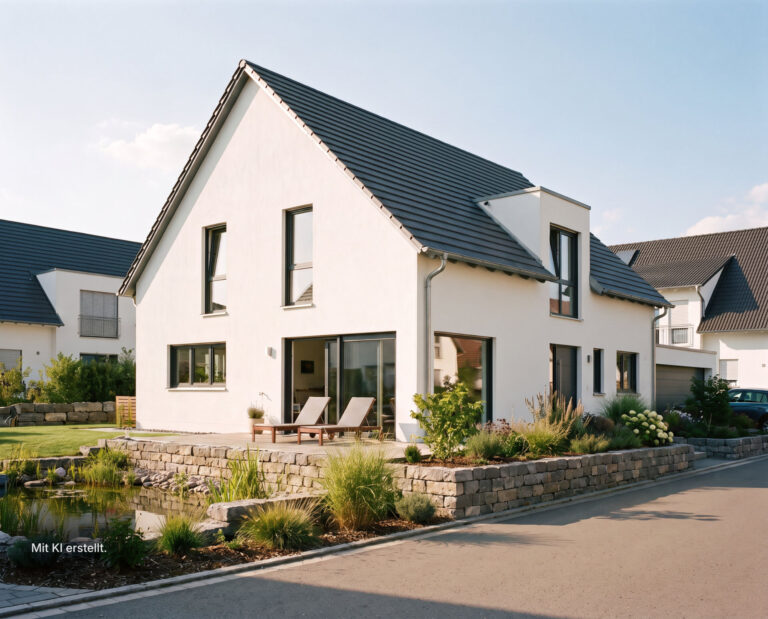Modernes Einfamilienhaus von Gerhäuser Bau - Baufirma für Massivbau in Franken mit eleganter weißer Fassade, dunklem Dach und gepflegtem Garten.