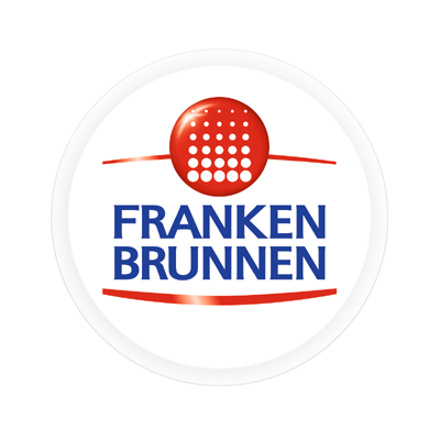 Gerhäuser Bau - Baufirma für Massivbau und Hausbau in Franken. Logo mit rotem Kreis und blauem Schriftzug Franken Brunnen.
